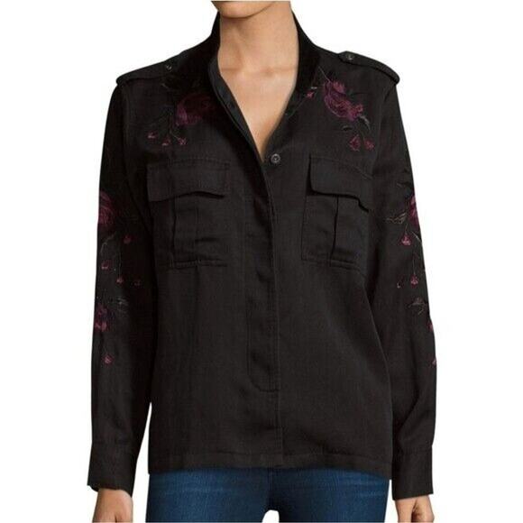 Rails Elliot Embroidered Utility Shirt Jacket Sz XS Black Metallic Roses Shacket - Picture 3 of 13
